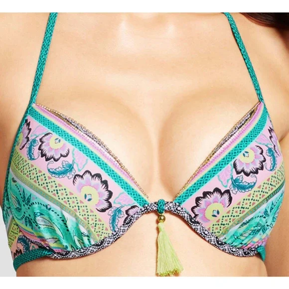 Shade & Shore Torquiose Gold Strappy Halter Bikini Top 38DD underwire molded cup - Picture 2 of 5